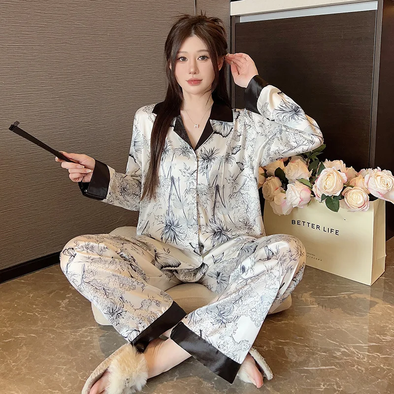 

Spring Autumn Women's Thin Imitation Silk Pajamas Ink Butterfly Lapel Long Sleeve Cardigan Pants Luxury Home Clothing Set