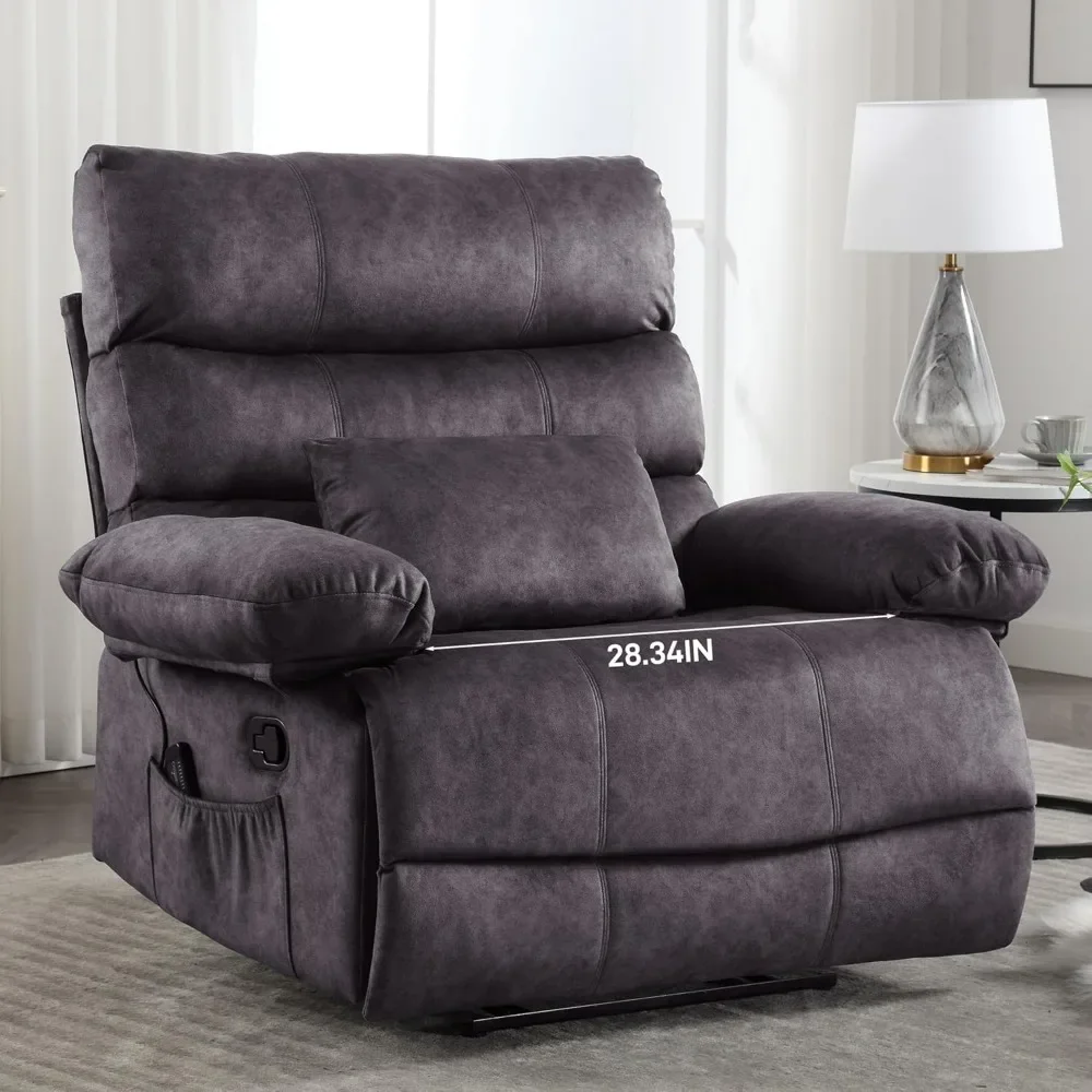 Plus Size 28 Inch Large Wide Seat Manual Flannel Recliner with Pockets, Massage Heated Pillow 350 Lb Capacity,Living Room Chairs