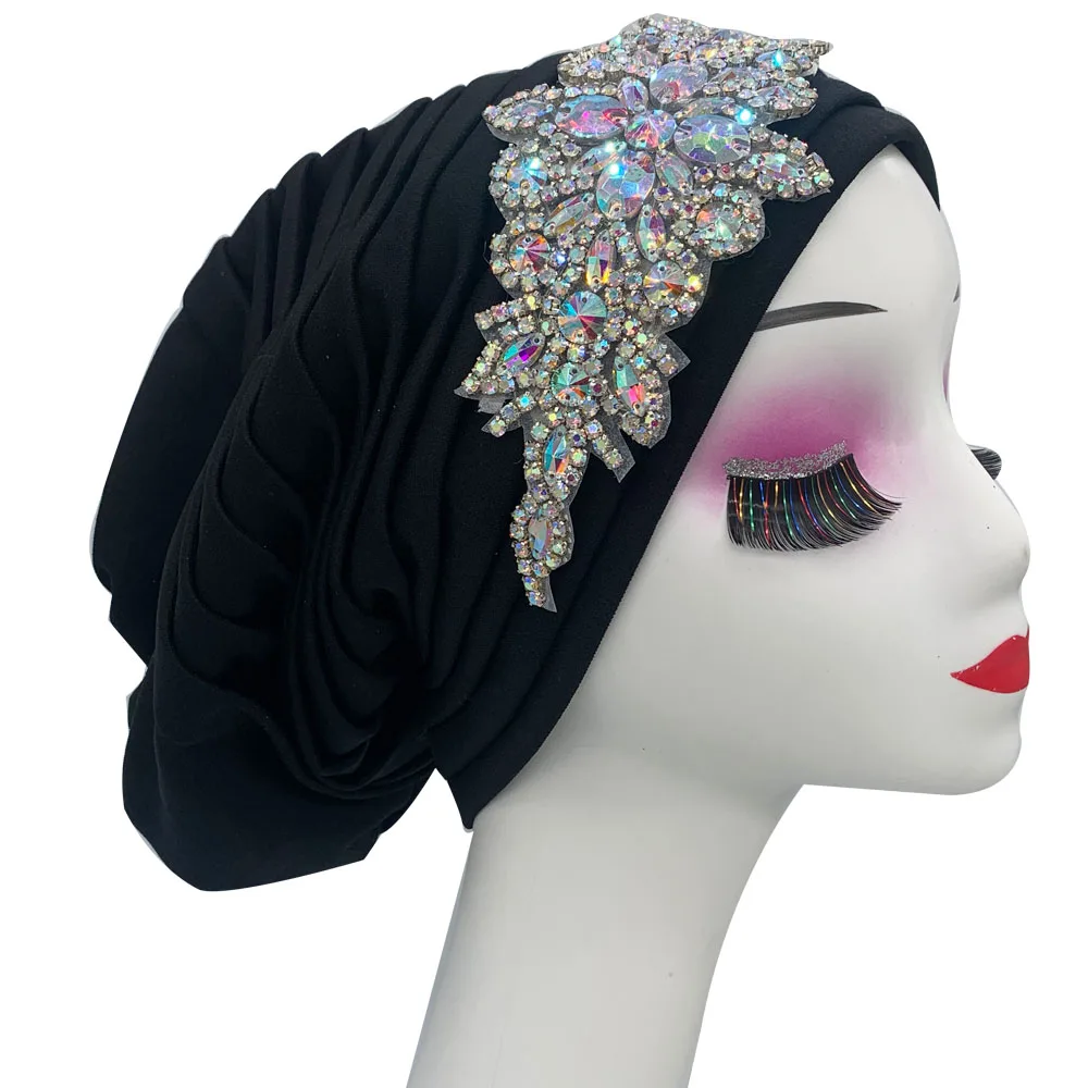 Luxury Rhinestones Women\'s Turban Cap Pleated African Head Wraps Muslim Hijab Lady Headscarf Bonnet Turbante Mujer