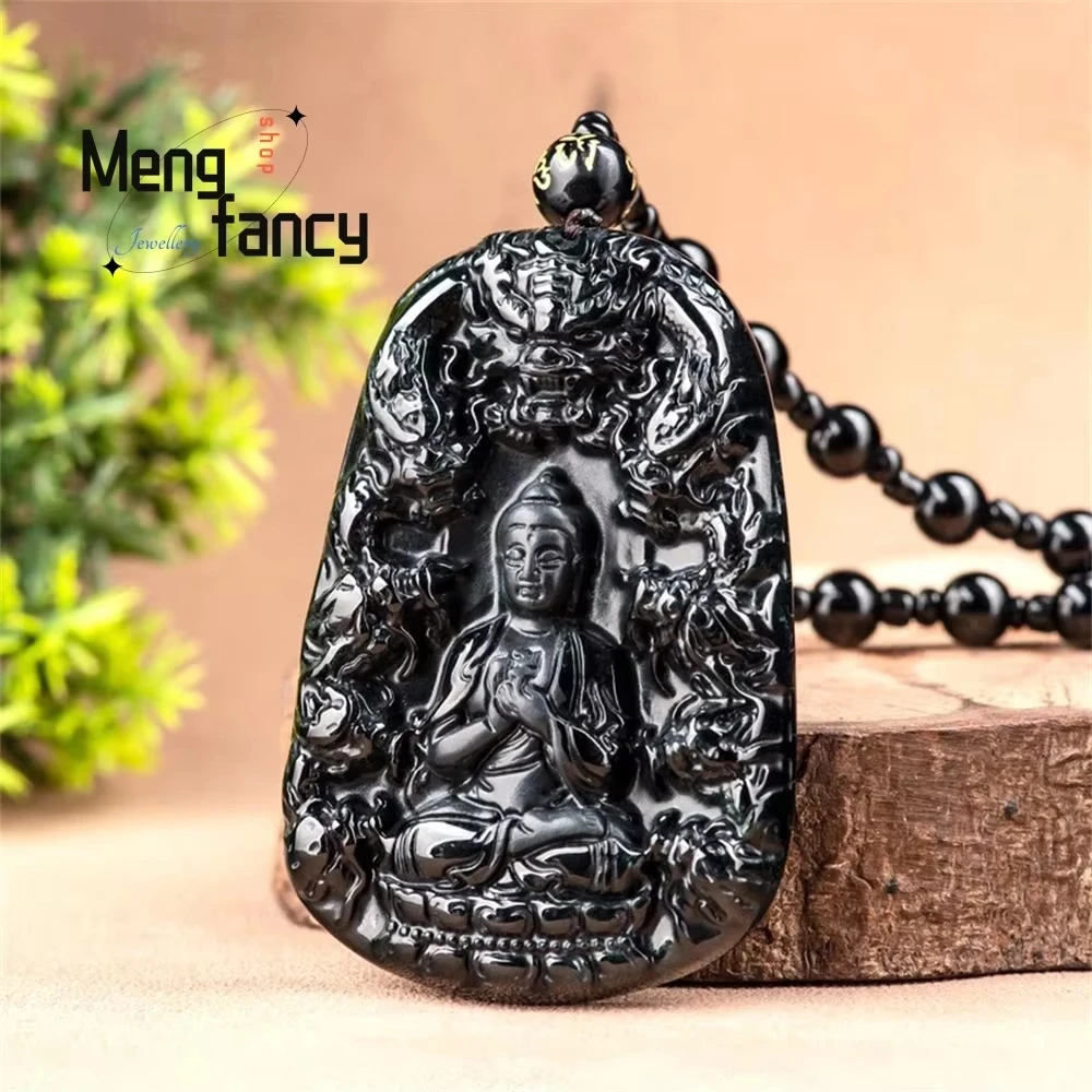 Natural A-goods Jadeite Ink Jade Amitabha Buddha Nine Dragons Protector Jade Pendant Exquisite Luxury Quality Fashion Jewelry