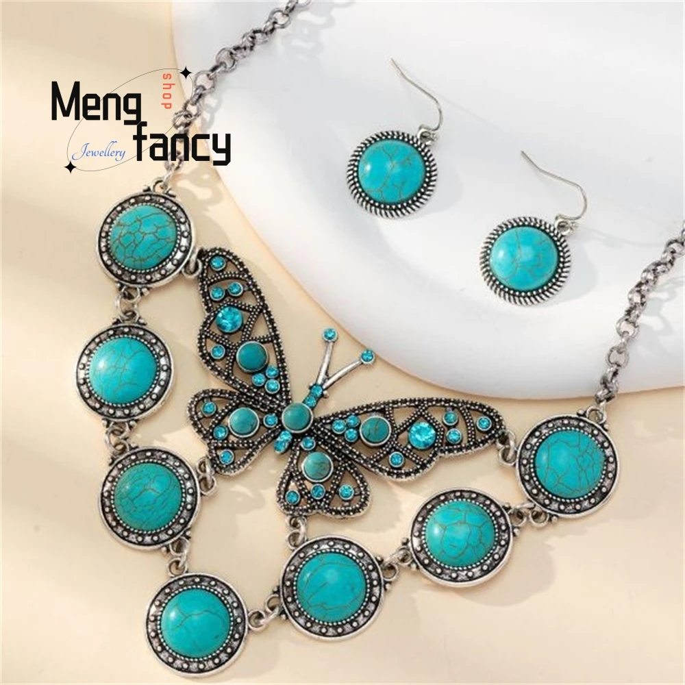 

Exaggerated Bohemian Vintage Turquoise Butterfly Necklace Earring Decoration Handicraft Best Selling Exquisite Fashion Jewelry