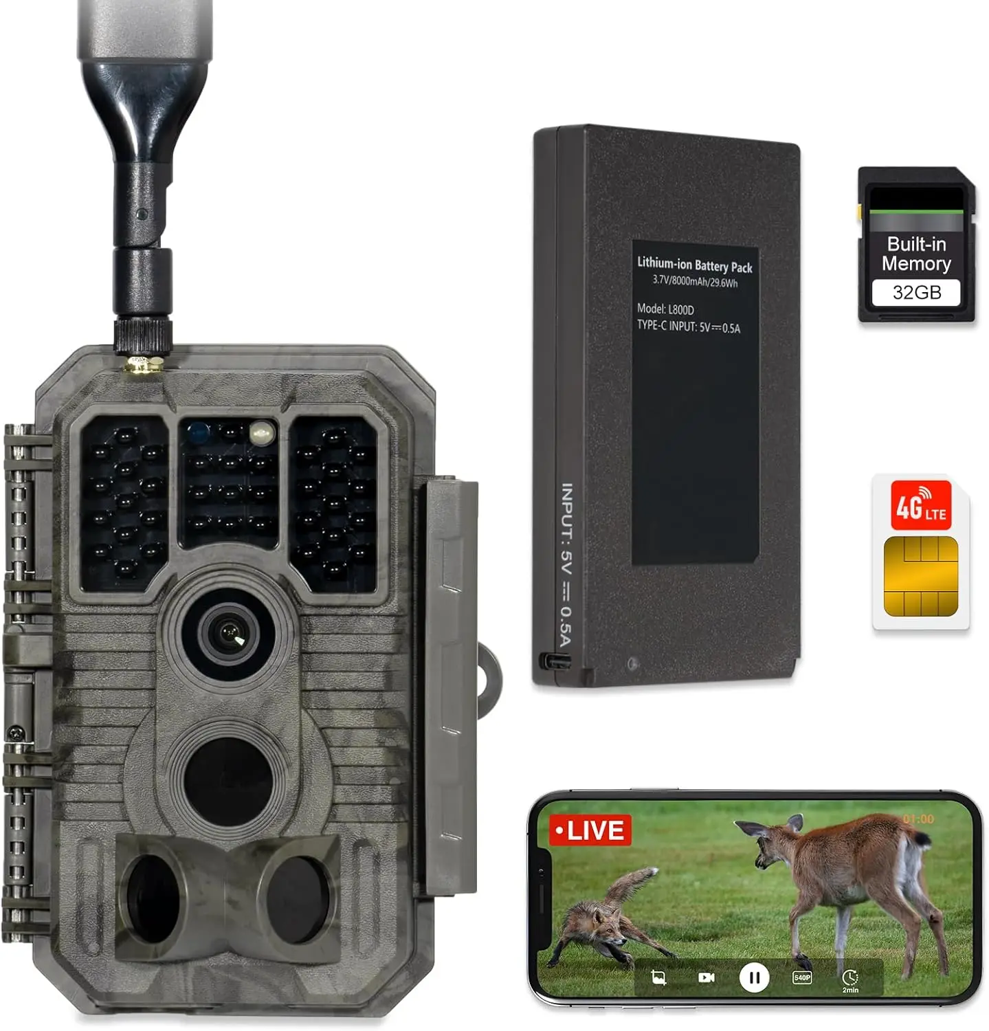 Live Stream Cellular Trail Camera, Rechargeable 8000mAh Battery, Built-in Memory, Auto Connects to Verizon