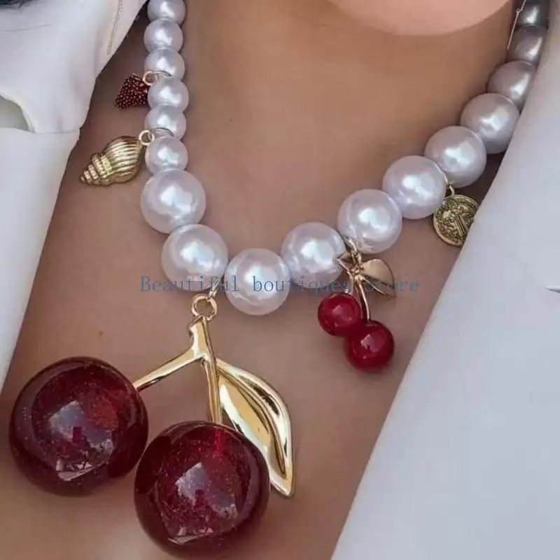 U4LF Fashionable Cherry Inspired Necklace with Pearls Bead Enhances Your Unique