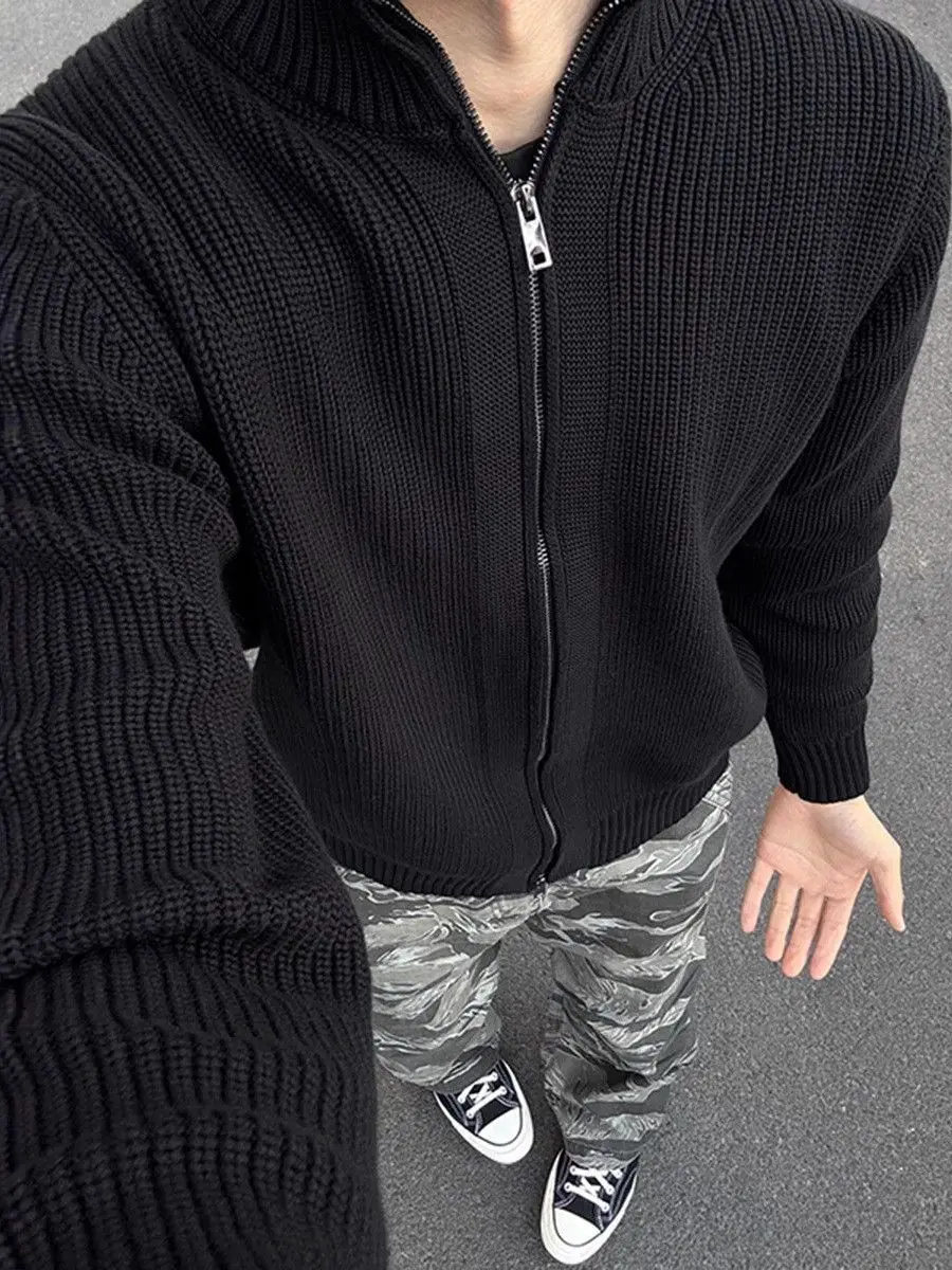 

American Sle Zipper Stand Collar Knitted Cardigan Men's Autumn Winter Lazy Sle Sweater Coat Polyester Fiber Casual Basic