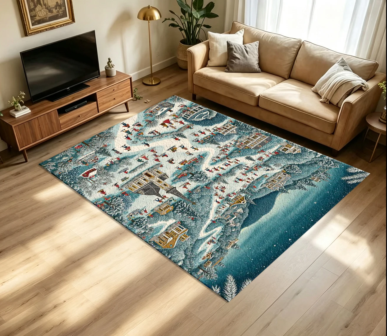 Winter Town Holiday Scene Carpet Flooring Vintage Christmas Landscape Printed Floor Rug for Home Indoor Festive Decoration