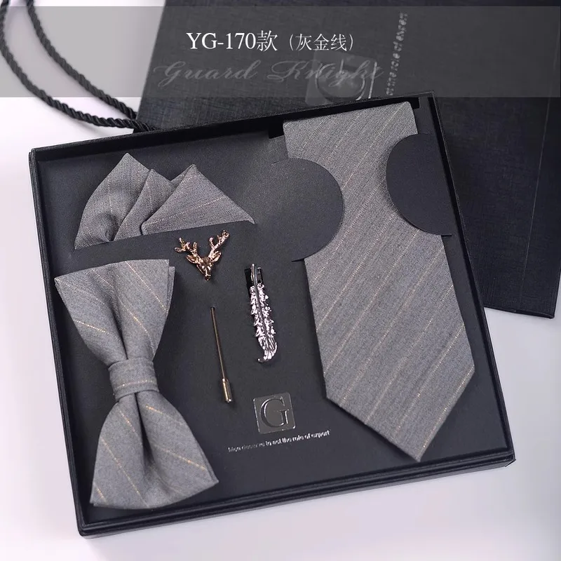 

High Quality Men's Black Gray Striped Business 7CM Tie Set Professional Casual Shirt Wedding Gift Birthday Gift Tie Set Gift Box