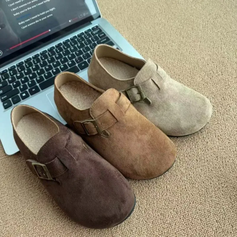 

Женские туфли на толстой подошве, новый стиль, утепленные теплые лоферы на шерстяной подкладке, женская повседневная обувь с глубоким вырезом и пряжкой на ремне, Zapatos De Mujer