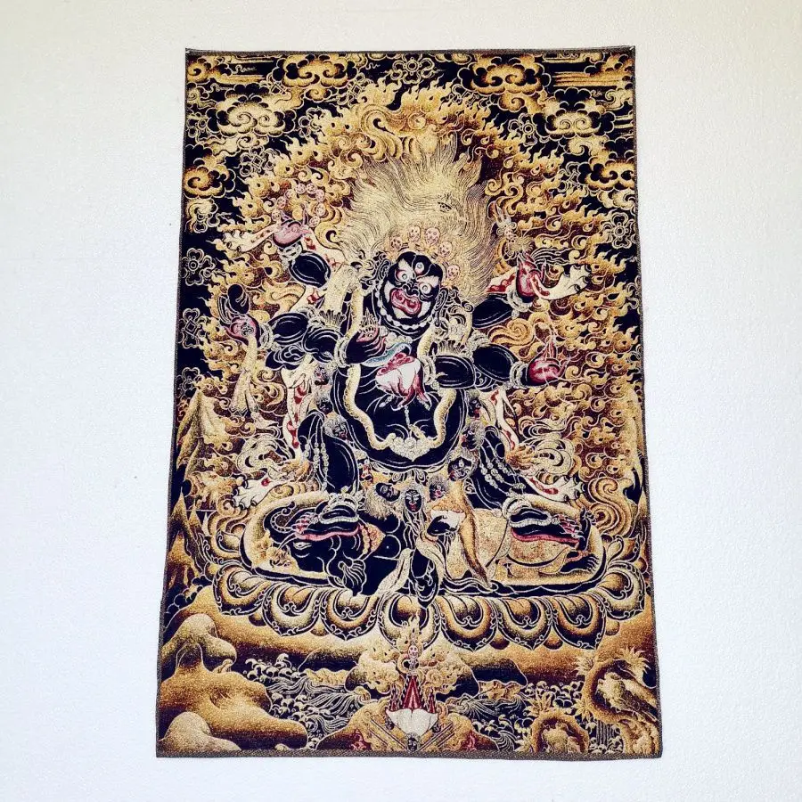 Tibet Tibetan Cloth Silk Black gold color six-armed mahakala dharma protector Thangka Tangka Embroidery Painting