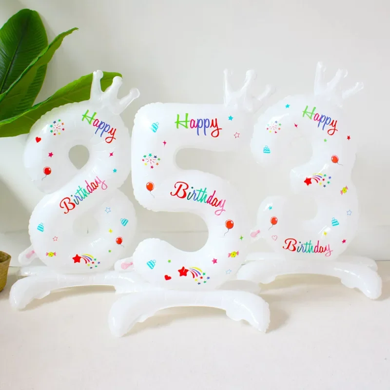 1 Stück 32 Zoll weißer Nummer stehender Aluminiumfolienballon bedruckt „Happy Birthday“ mit Krone für Geburtstagsparty-Jubiläum – Detail 2