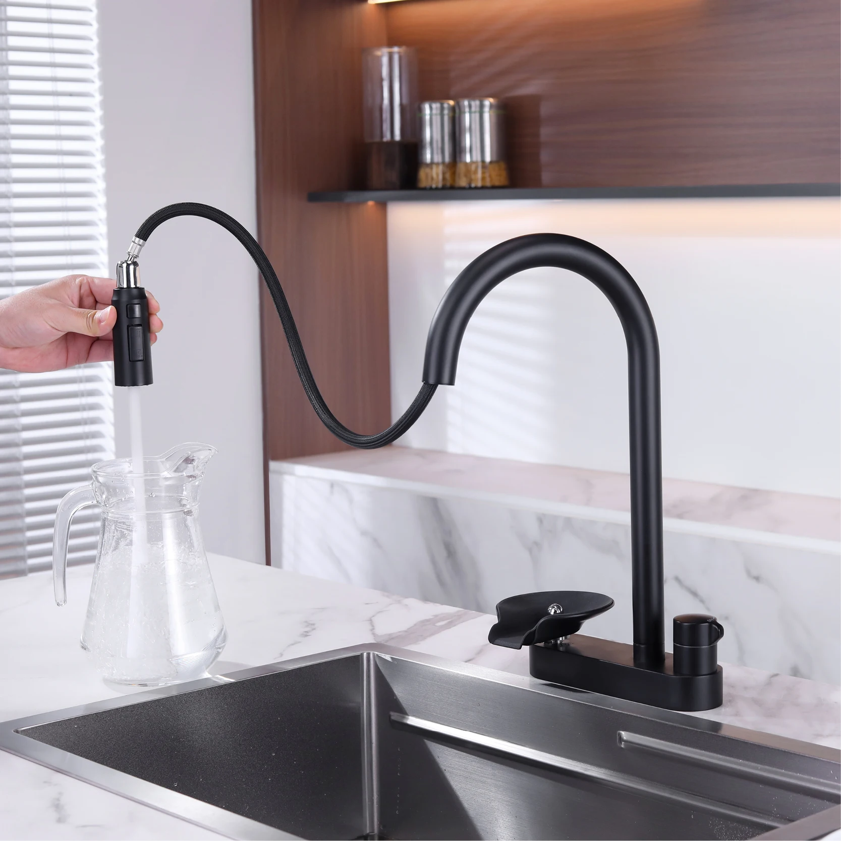 Modern Matte Black Pull Out Kitchen Faucet 1 Hole Single Hand Control Hot Cold Water Tap Built-In Cup Washer Function Sink Mixer