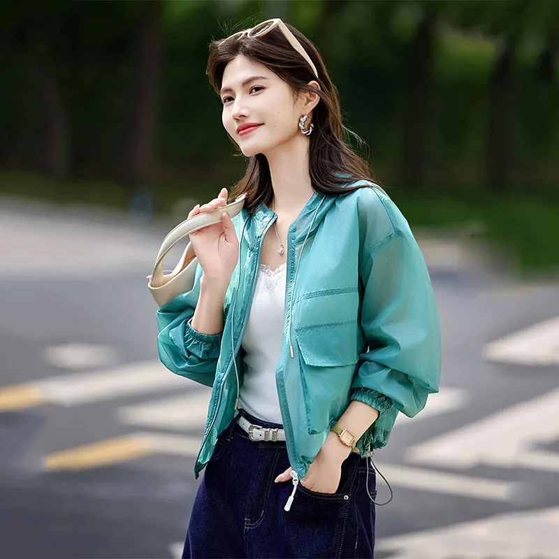 

women Fashion lightweight sun protection clothing 2025 new summer Hooded green breathable versatile sun protection Coat jacket