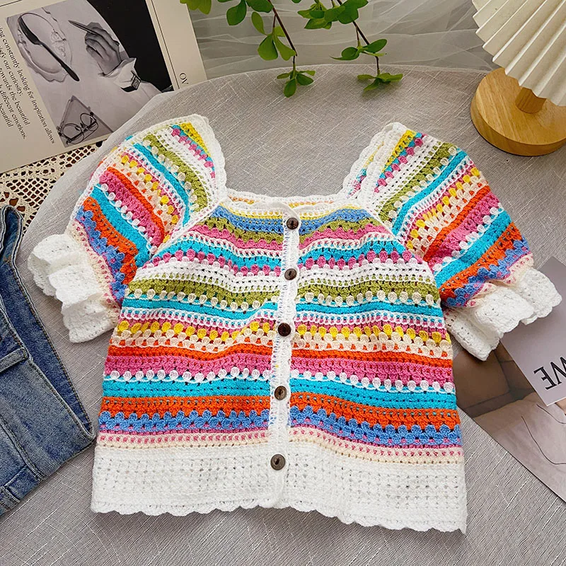 Boring Honey Rainbow Colors Square Collar Women\'s Clothes For Summer Short Sleeves Tops Single-Breasted Fashion Women Blouses