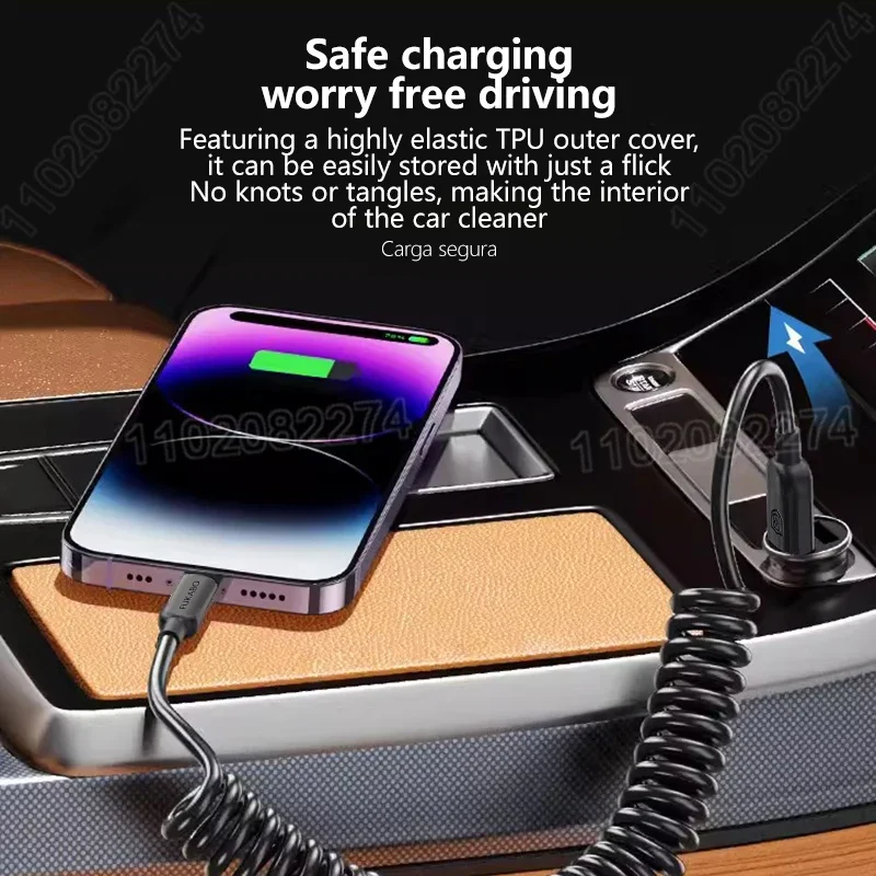 PD 27W USB C Car Fast Charging Cable Spring Stretch Cable For iPhone 15 14 13 12 11 Pro Max 5A Charge Data Wire Cord Accessories