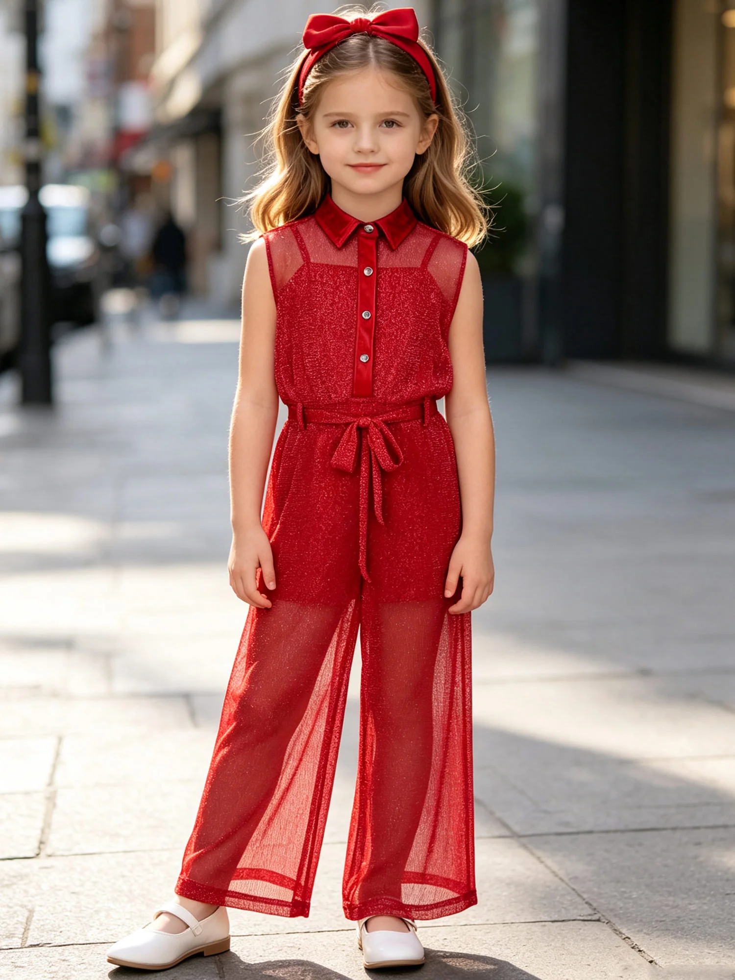 Kids Girls Two Pieces Cami Romper Metallic Bodysuit with Turn-down Collar Shimmery Mesh Wide Leg Glitter Mesh Jumpsuit And Belt