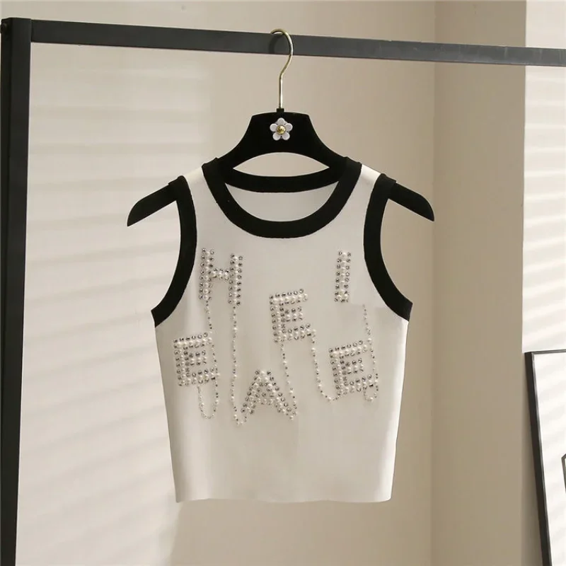 Summer Knitting Camis Vest Women Nail Pearl Korean Fashion Luxury Designer Short Crop Top Y2k Tops Tank Sleeveless Women Clothes