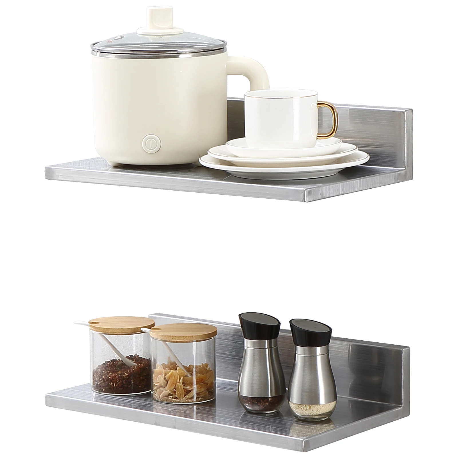 

16 Inch Stainless Steel Shelf Wall Mounted Floating Shelving with Backsplash 44 lbs Capacity Heavy Duty Storage Rack for Kitchen