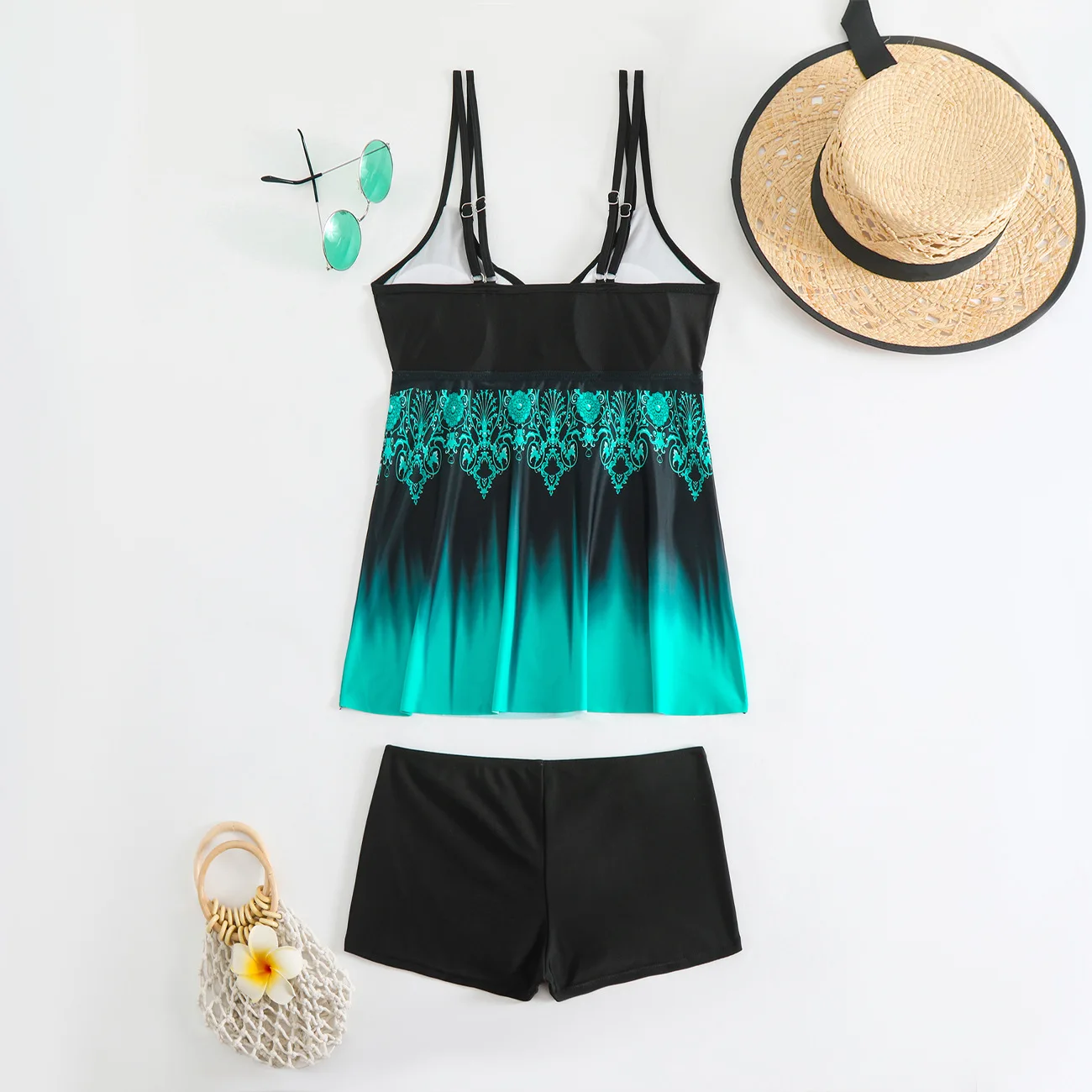 2026 Women Gradient Print Tankini Swimsuit Double Spaghetti Straps Cutout V Neck Flowy Top Boyshort Two Piece Beach Bathing Suit