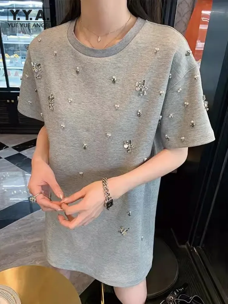 Women Casual Long T-Shirt O-Neck Short Sleeve Diamonds Solid Color Pullover Tees Top Design Loose Fit Fashion Female T-Shirts