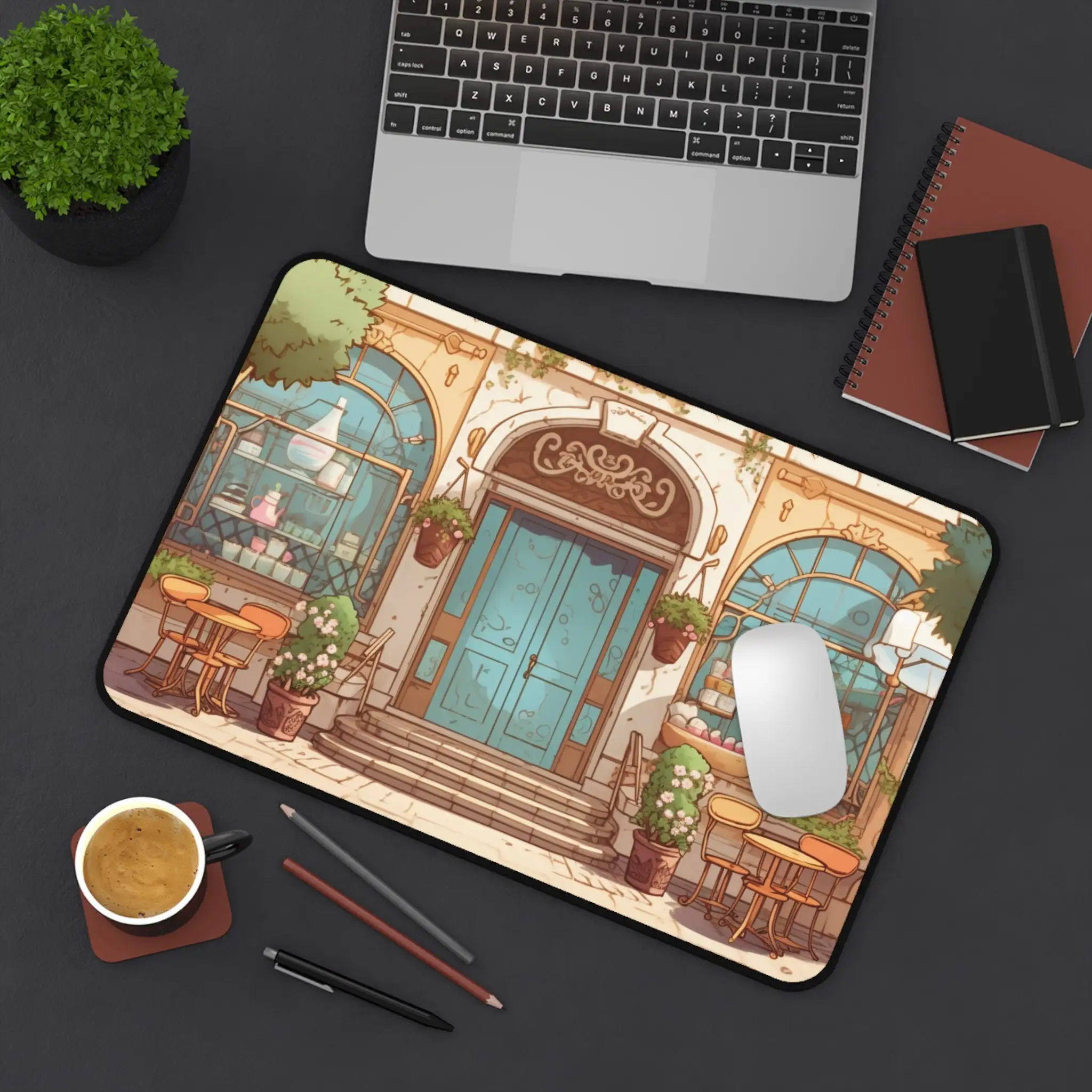 

Nostalgic and Peaceful Coffee Shop, Cute Kawaii Tabletop Décor, Art Nouveau Table Mats, Large Mouse Pad,XXL Anime Table Mat
