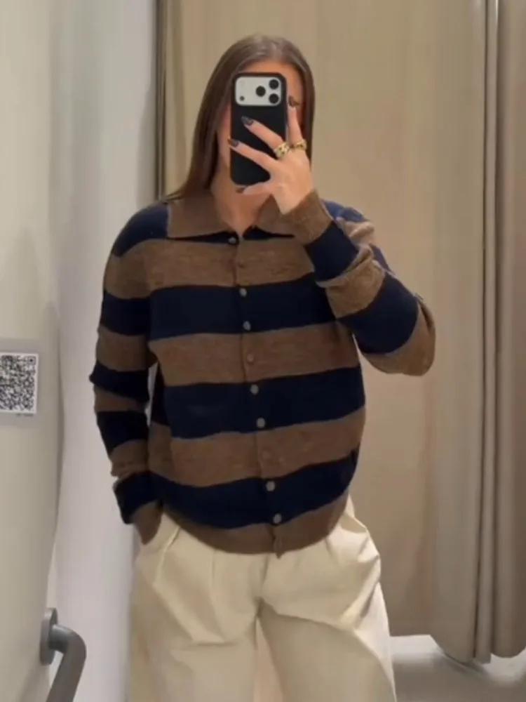 

HH Women Striped Knitted Jacket Lapel Long Sleeves Casual Cardigan Female Fashion Single Breasted Slim High Street Short Top