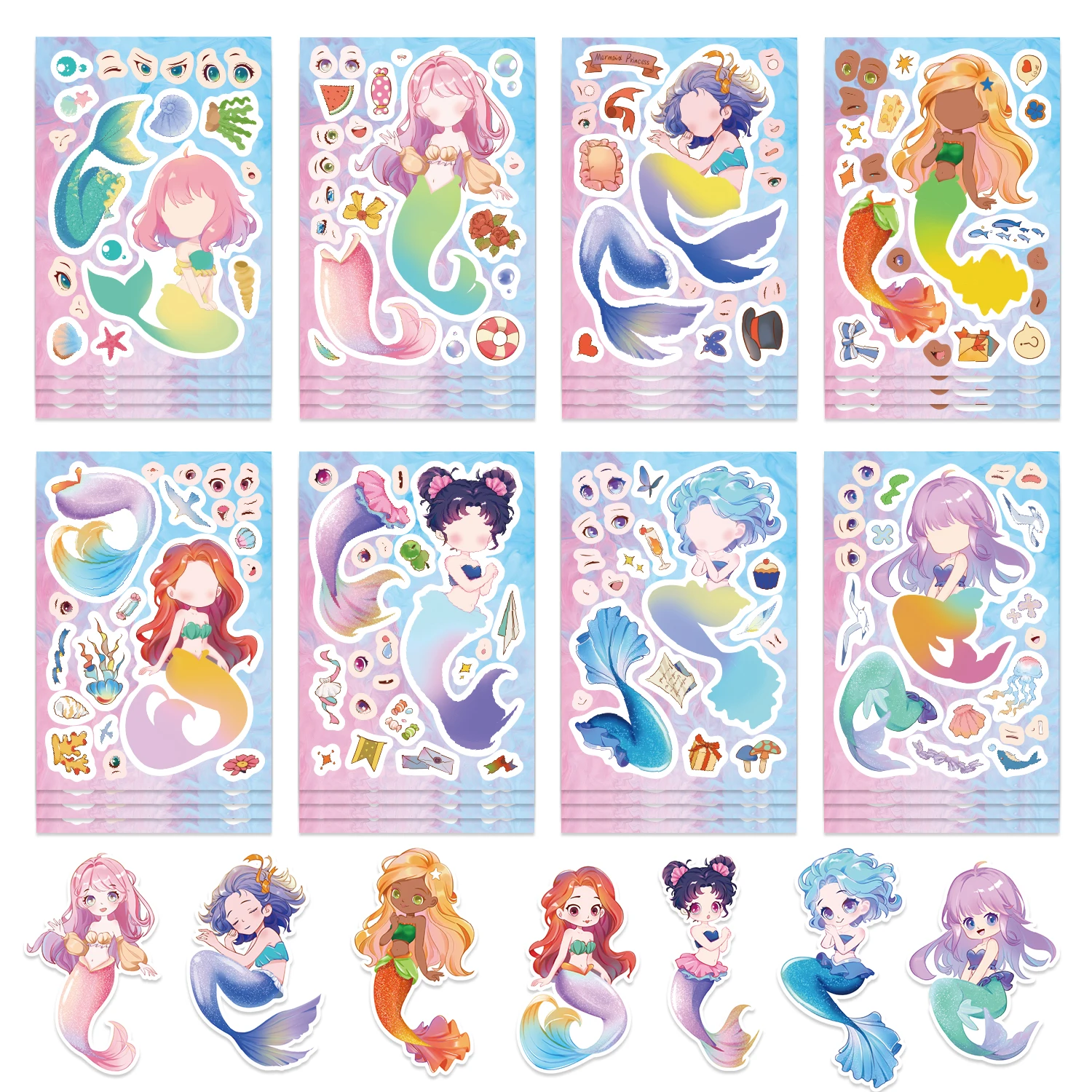 8/16/24Sheets Mermaid Stickers for Creative Make Your Own Decals Puzzle Stickers Party Supplies Decoration Gifts
