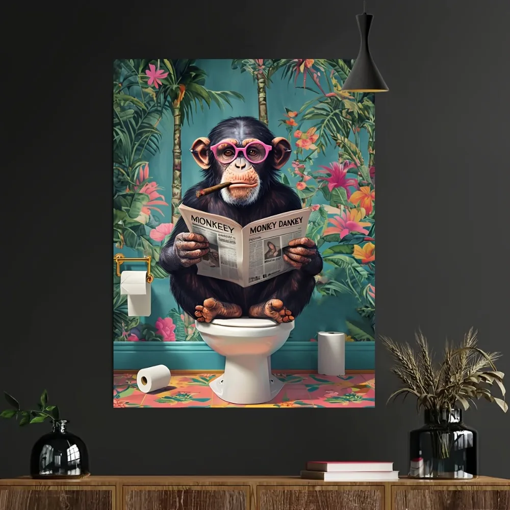 A Frameless Funny Gorilla Reading A Newspaper on The Toilet Canvas Painting for The Art Decoration of The Toilet Bathroom Wall