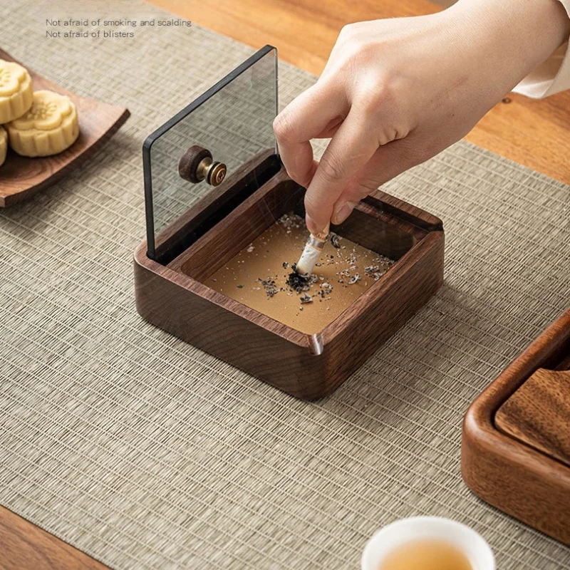 Black Walnut Ashtray with Cover Double Slot Stainless Steel Ash Rack To Prevent Smoke From Flying Living Room Desktop Decoration