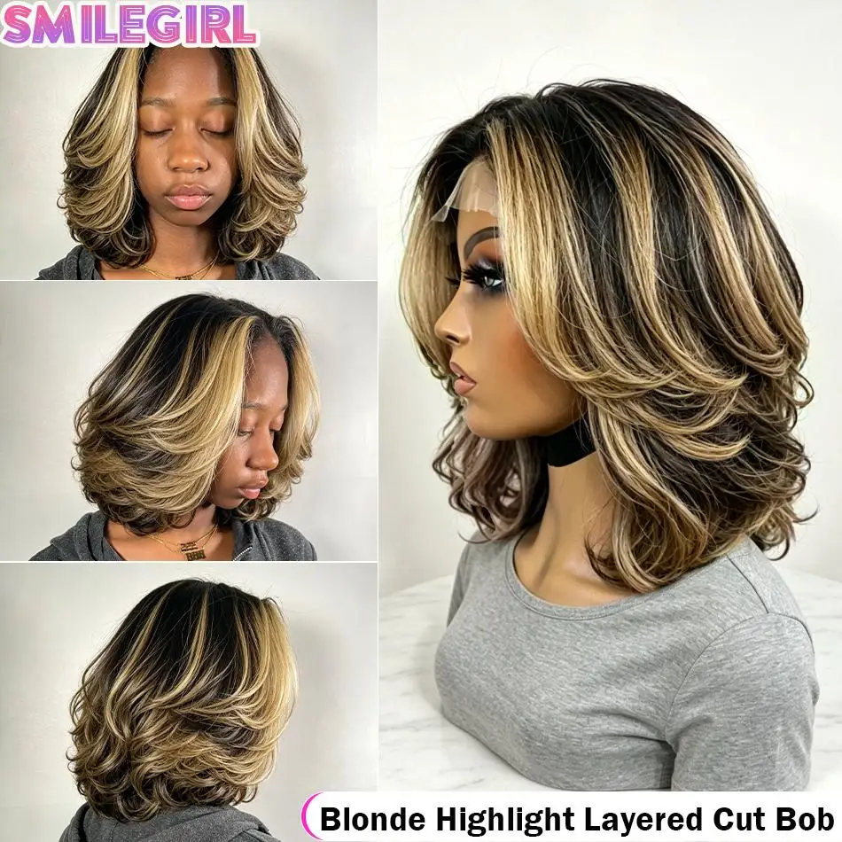 Blonde Highlight Layered Cut Bob 5X5 Lace Closure Wig Short Bob Wig Human Hair Colored Highlight Ombre Straight For Black Women image 8
