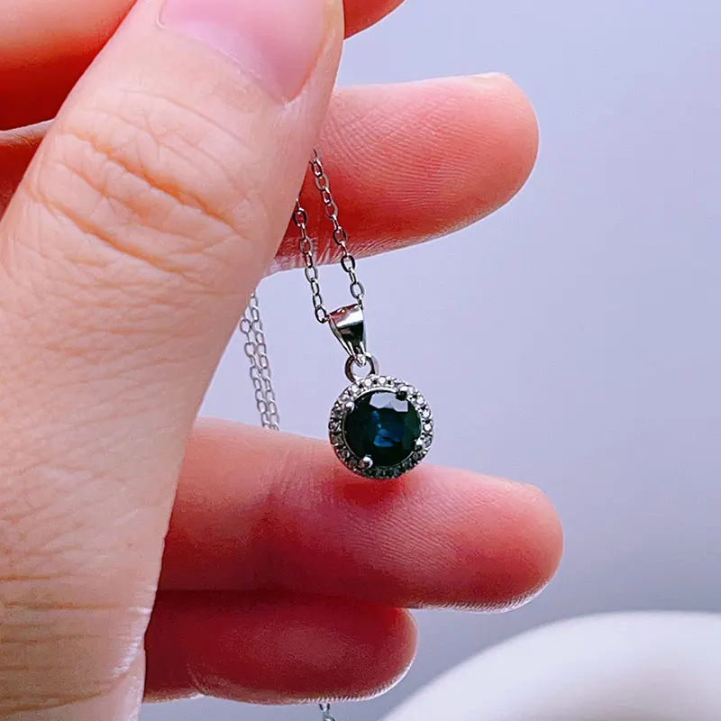 Classic 925 Silver Natural Dark Sapphire 6mm Pendant Necklace with Certificate Real Sapphire Jewelry Anniversary Gift for Lady