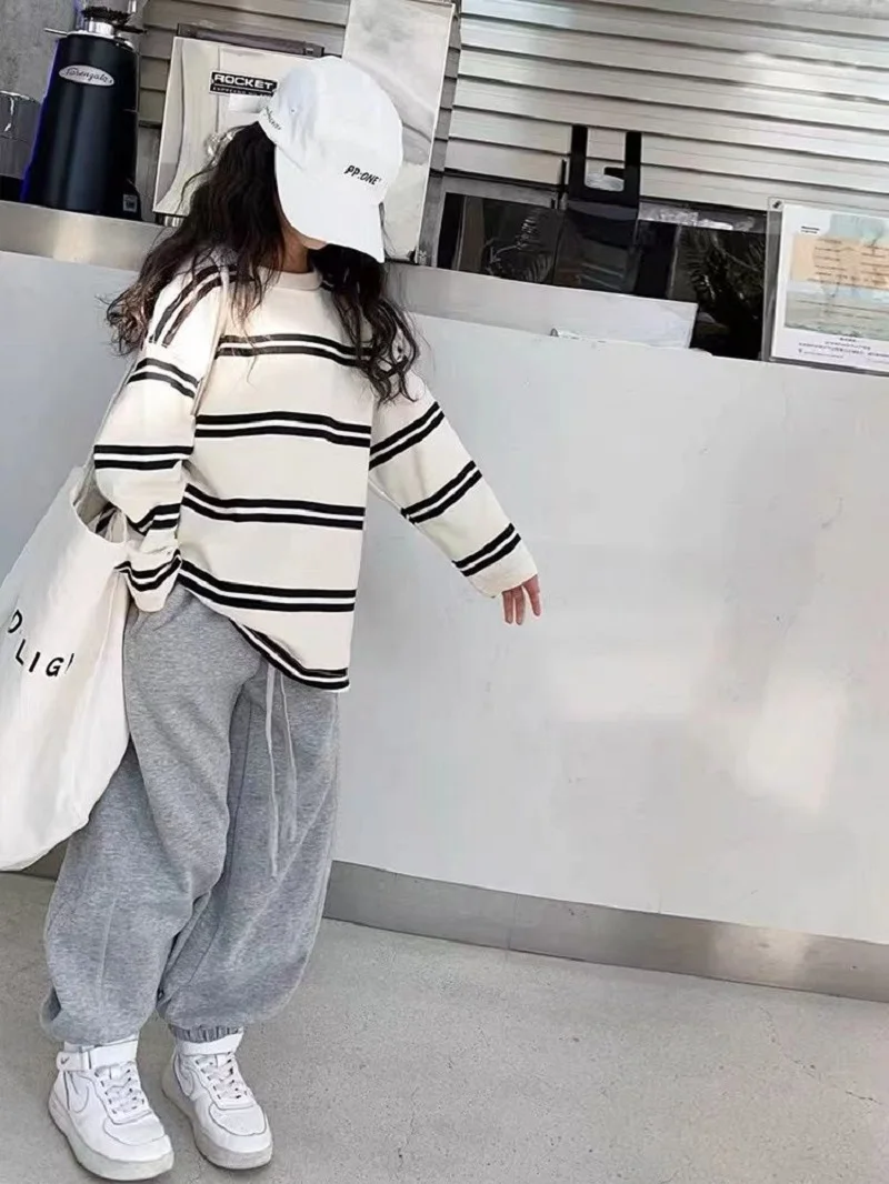 Spring Autumn Girls Cotton Contrast Striped Workout Sweatshirt+Sweatpant Sets School Kids Tracksuit Child Jogging Outfit 5-16Yrs