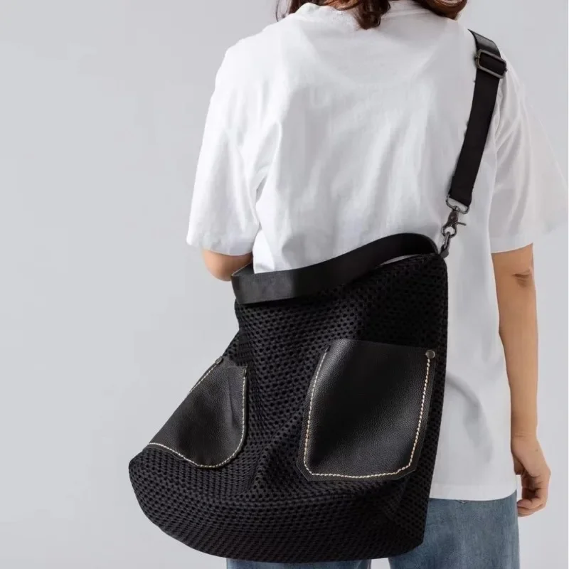 2024 New Autumn Style Niche Design Street Fashion Mesh Stitching Layered Denim Leather Shoulder Armpit Bag