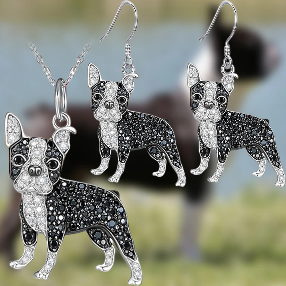 Conjunto de joyería Boston Terrier: collar y pendientes de cristal blanco y negro, regalo elegante para amantes de los perros