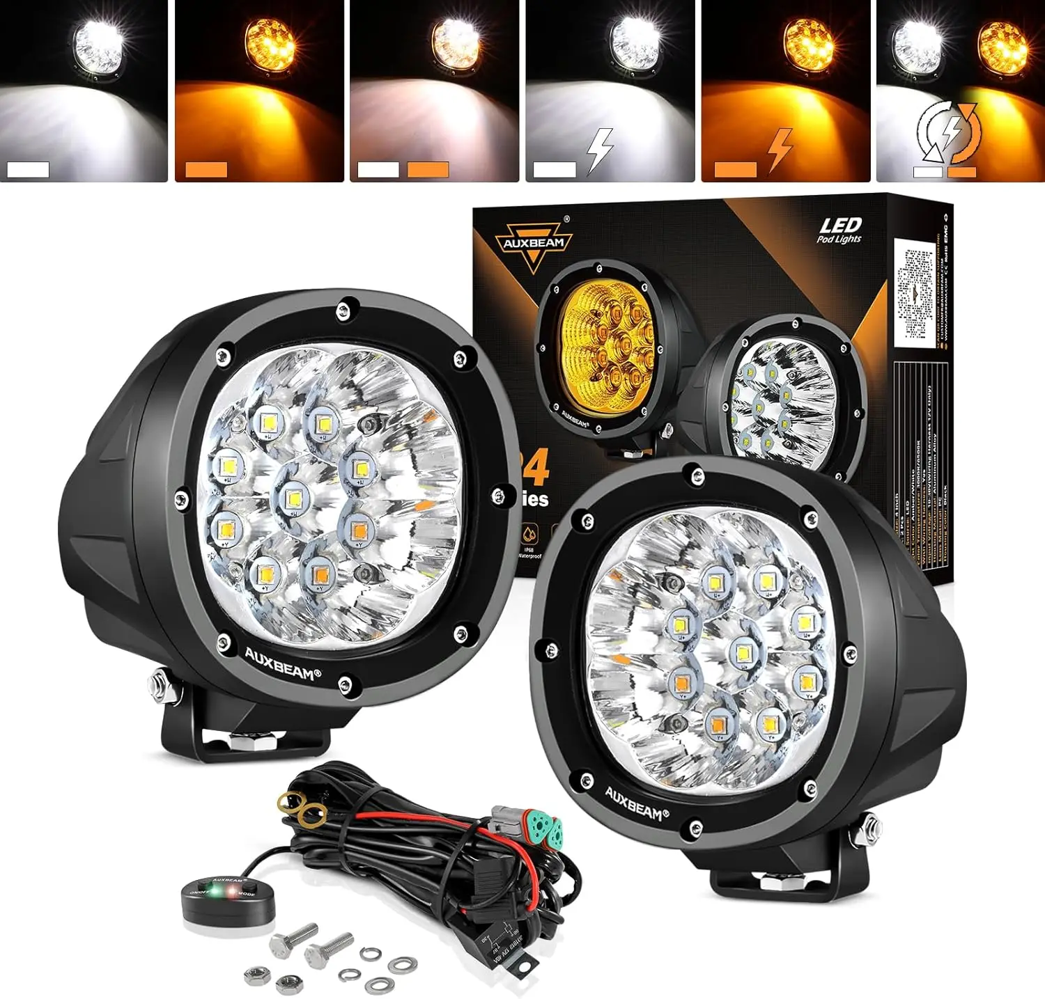 4 Inch Round Offroad Light, 90W LED Amber White Spot Strobe Light Pods with 6 Modes, Dual Color Flashing Driving Fog Lights Bar