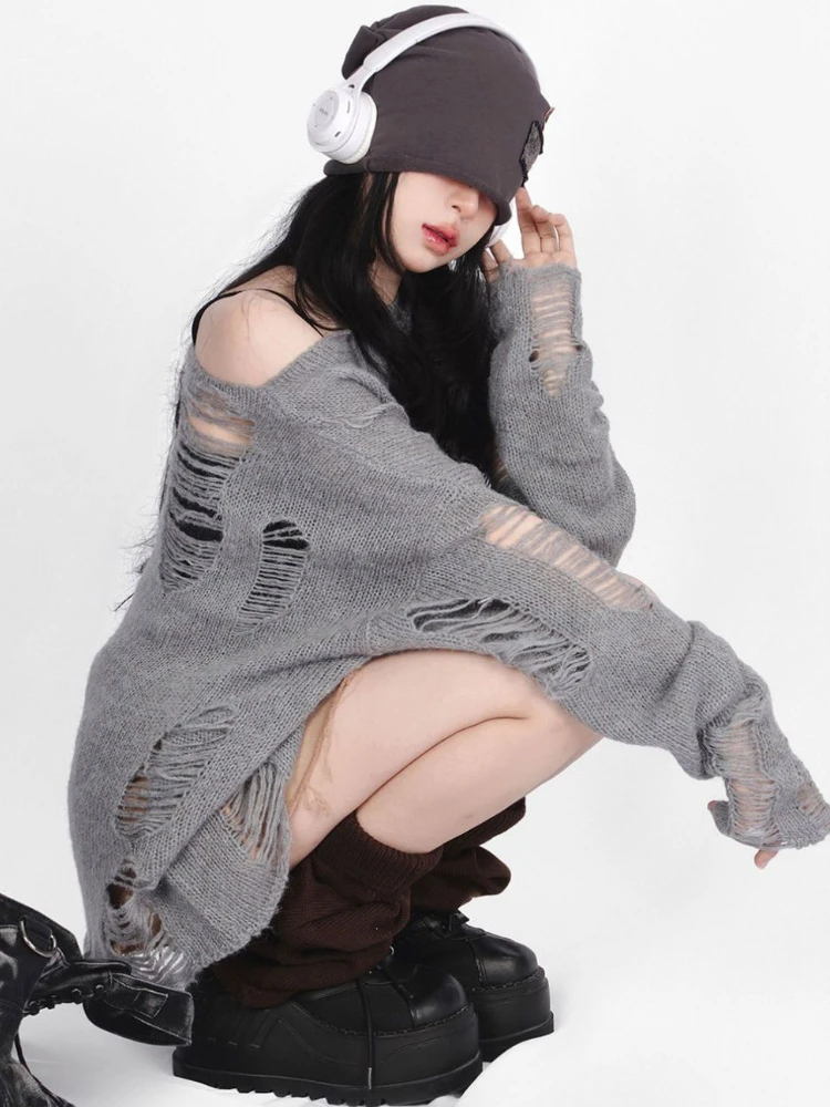 Deeptown Gothic Streetwear Gray Oversized Sweater Women Harajuku Vintage Knitted Jumper Hollow Out Long Sleeve Tops Y2K Clothes