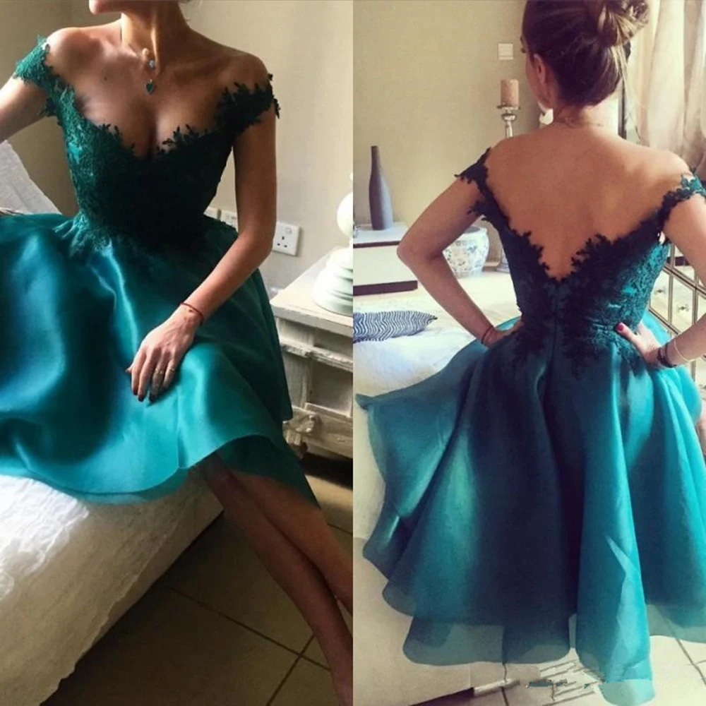 Gorgeous Teal Blue Homecoming Dresses Short Lace Cocktail Gowns Off Shoulder Straps Back Out Party Dresses V Neckline On Sale