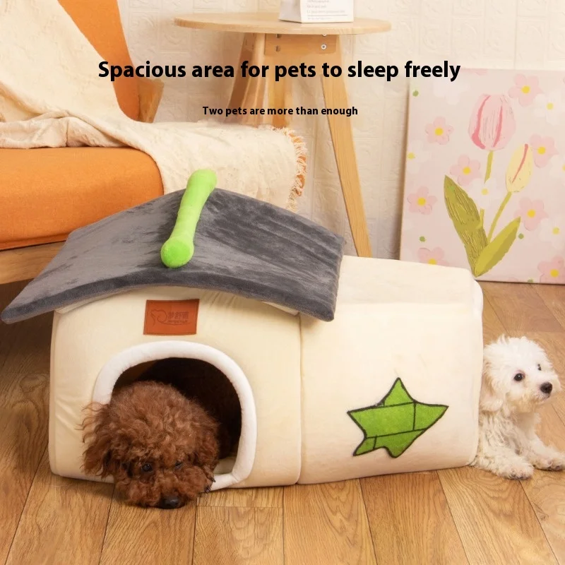 Villa cama para animais de estimação inverno quente casa da selva dupla abertura cama para cães e gatos canil aconchegante à prova d'água para cães gatos