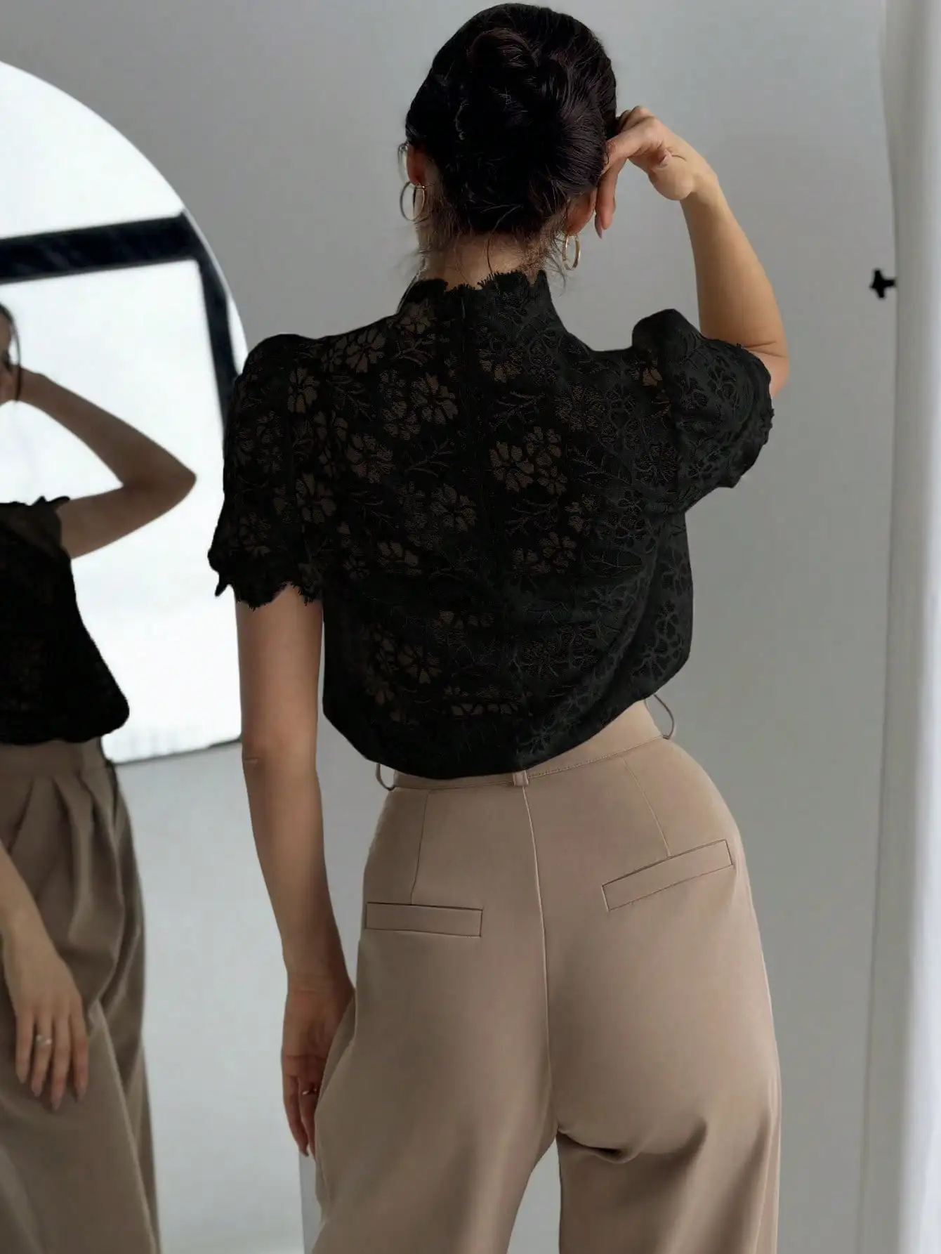 Blouse Women Y2K Black 25 Spring Summer Lace Sleeve High Neck Loose Fit Sexy Casual Streetwear Office Ready Dinner Date Weekend