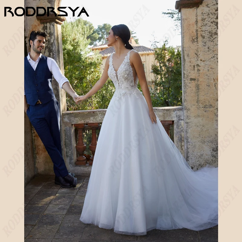 RODDRSYA mouwloze trouwjurk voor dames Tulle V-hals bruidsjurk illusie backles A-lijn Vestido De Noiva spaghetti bandjes mouwloze trouwjurk voor dames Tulle V-hals bruidsjurk illusie backles A-lijn Vestido De Noiva spa