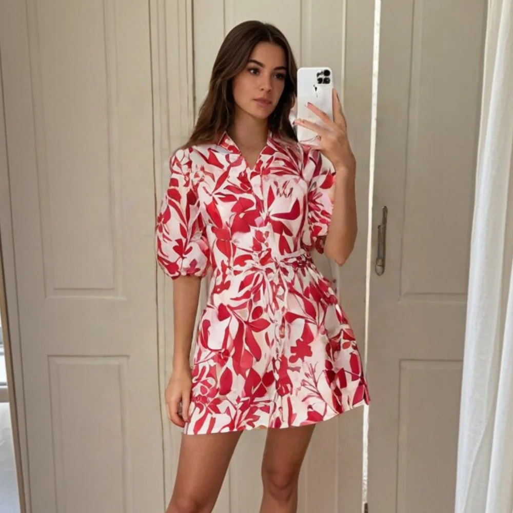 

2025 Women's Dress with Collared Neck Puff Short Sleeves Floral Print Drawstring Waist and Mini Length for a Trendy Look
