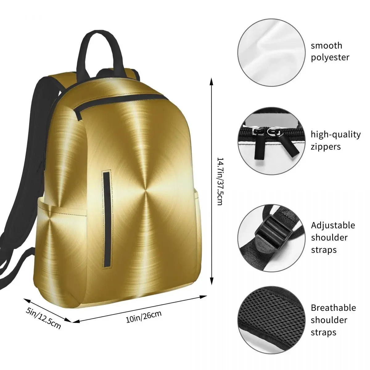 Brushed Gold Radial Metal Backpack Daypack Children BookBag School Bag Shoulder Bags for Men Women