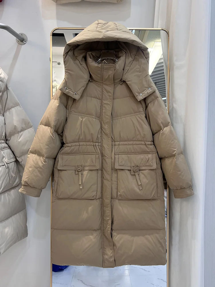 Winter Long Detachable Hooded Parker Down Jacket Female Drawstring Warm Knee Length Outwears Women White Duck Down Jackets Coat