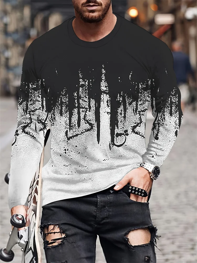 Men's Drip Long Sleeve T-Shirt Gradient Paint Splatter Graphic Tee Black White Streetwear Casual Pullover Tops Gift New Hot