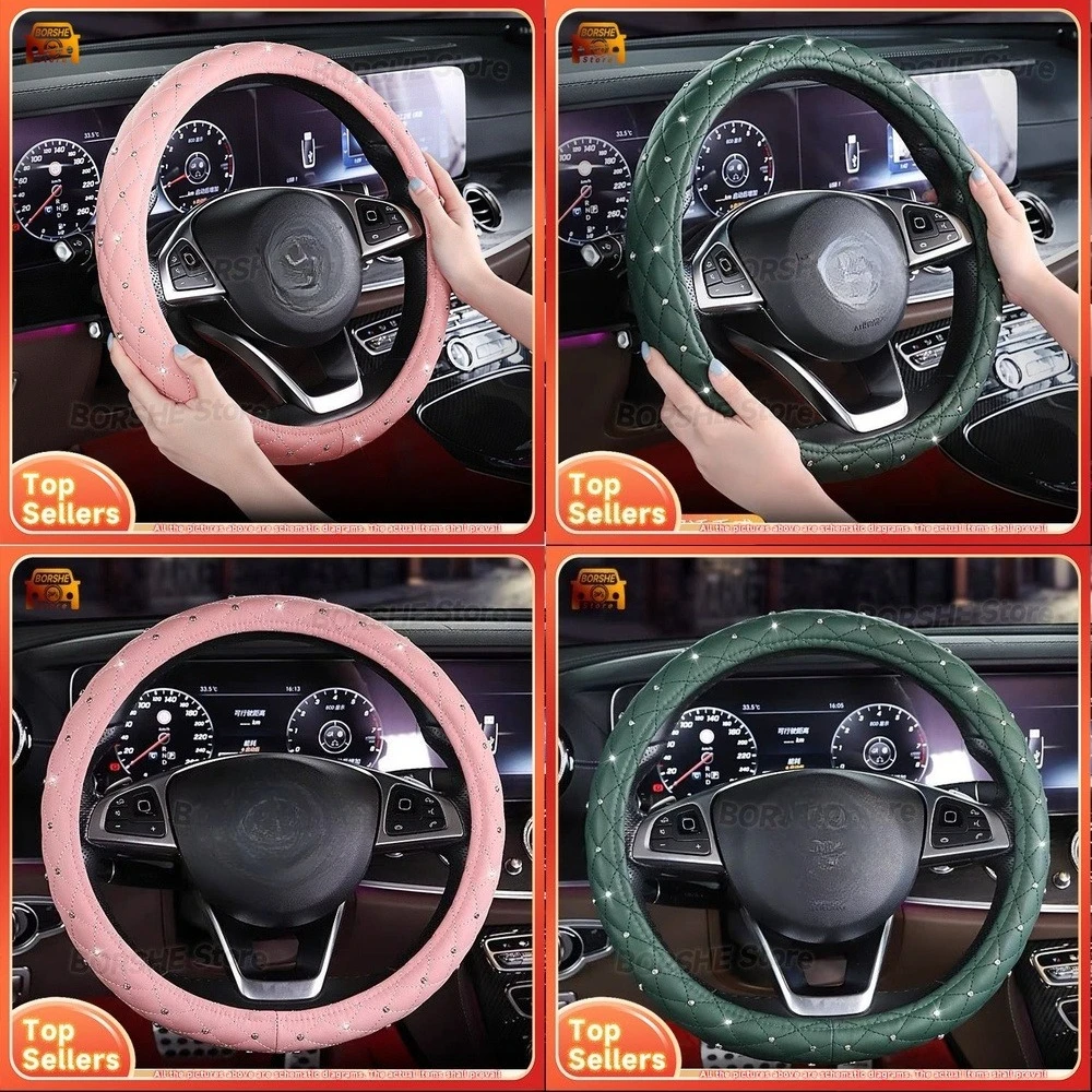 

2026 Подходит для универсальных моделей автомобилей, чехол на руль со стразами, стеганый дизайн, украшенный бриллиантами, розовый и зеленый