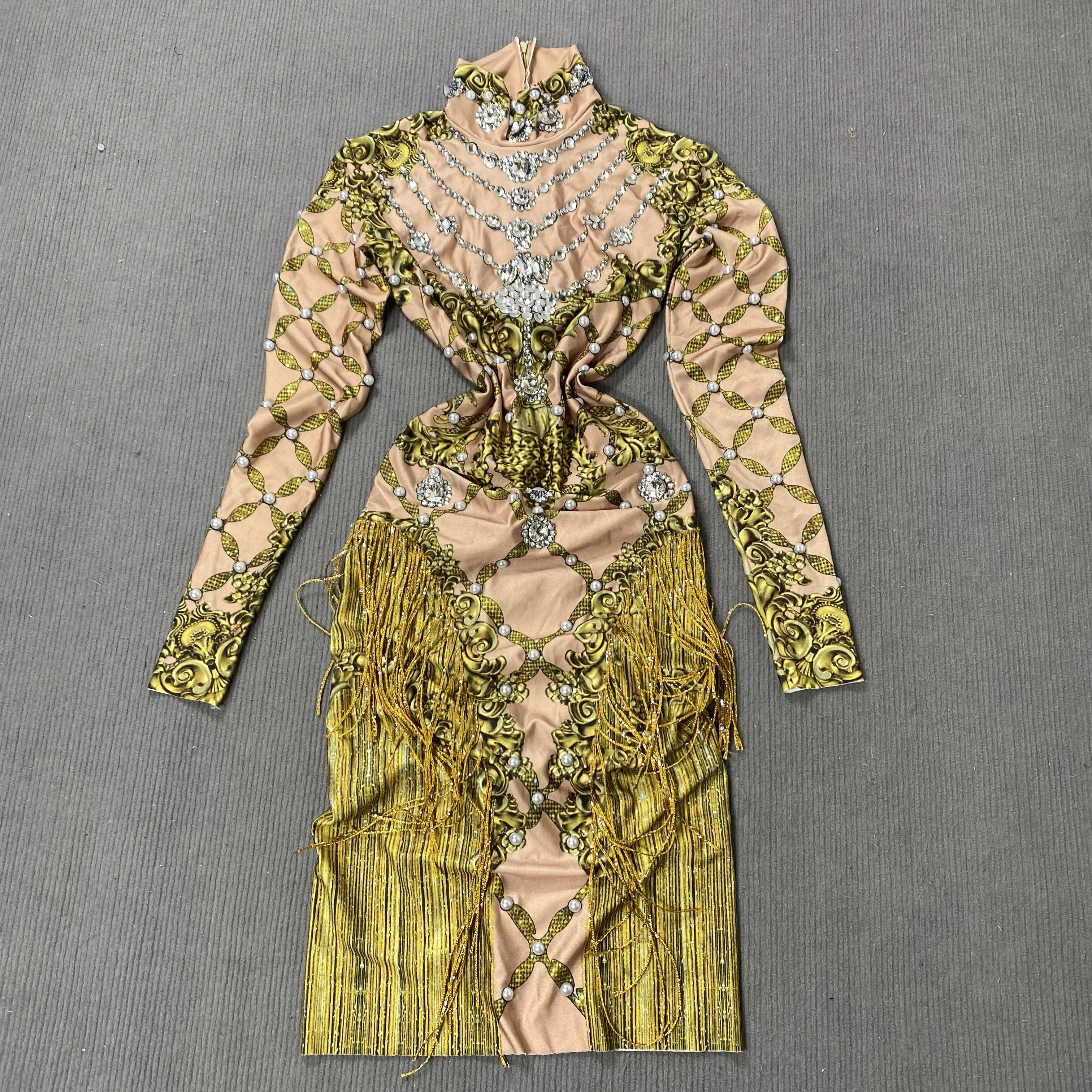 Seksowna Złota Sukienka z Frędzlami, Długim Rękawem i Cyrkoniami, Kostium Drag Queen, Strój dla Piosenkarki na Imprezę, Urodziny, do Klubu, na Scenę ​ Wieczorowe ubranie na przyjęcie