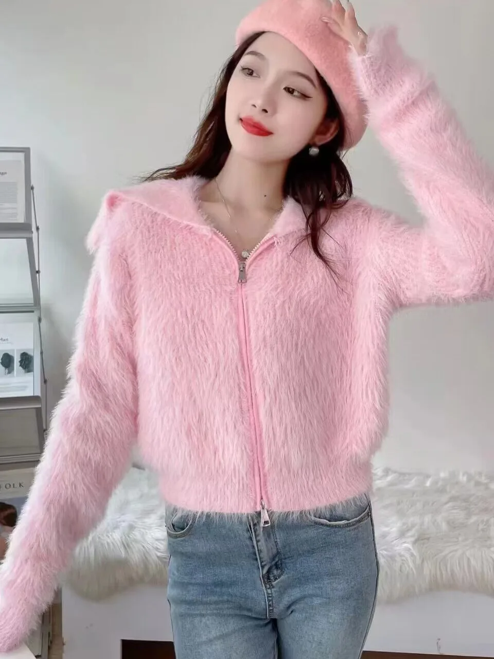 

Розовая утепленная женская вязаная кофта на молнии, весенне-осенняя свободная верхняя одежда, повседневный шик, полиэстер