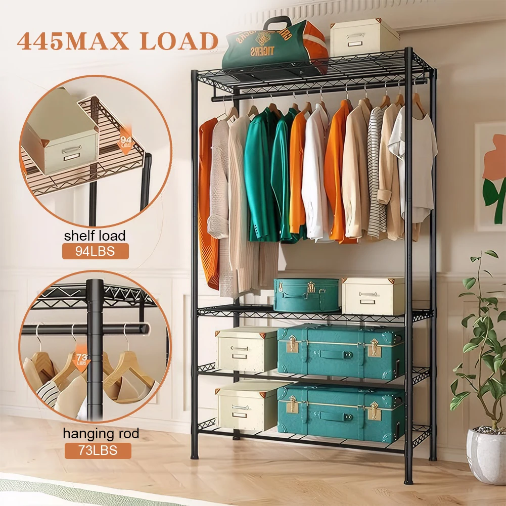 

Metal Clothing Rack with 4 Large Fabric Drawers Heavy Duty Garment Rack Adjustable Shelves Hanging Rack for Bedroom Living Space