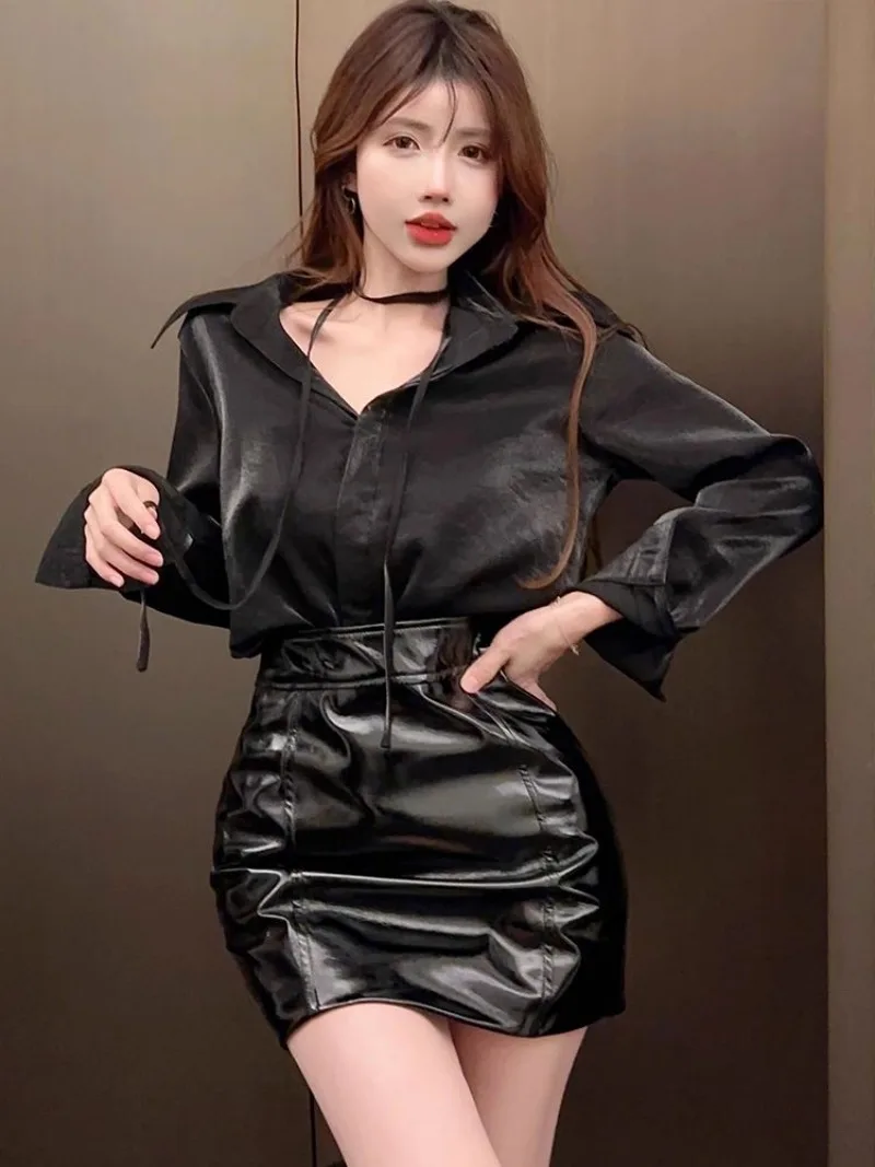 Temperament Korean Shirt Shiny Hip Wrap Leather Skirt Two-piece Set Women Fashion Spicy Girl Lapel Cool Solid Slim Spring Suit