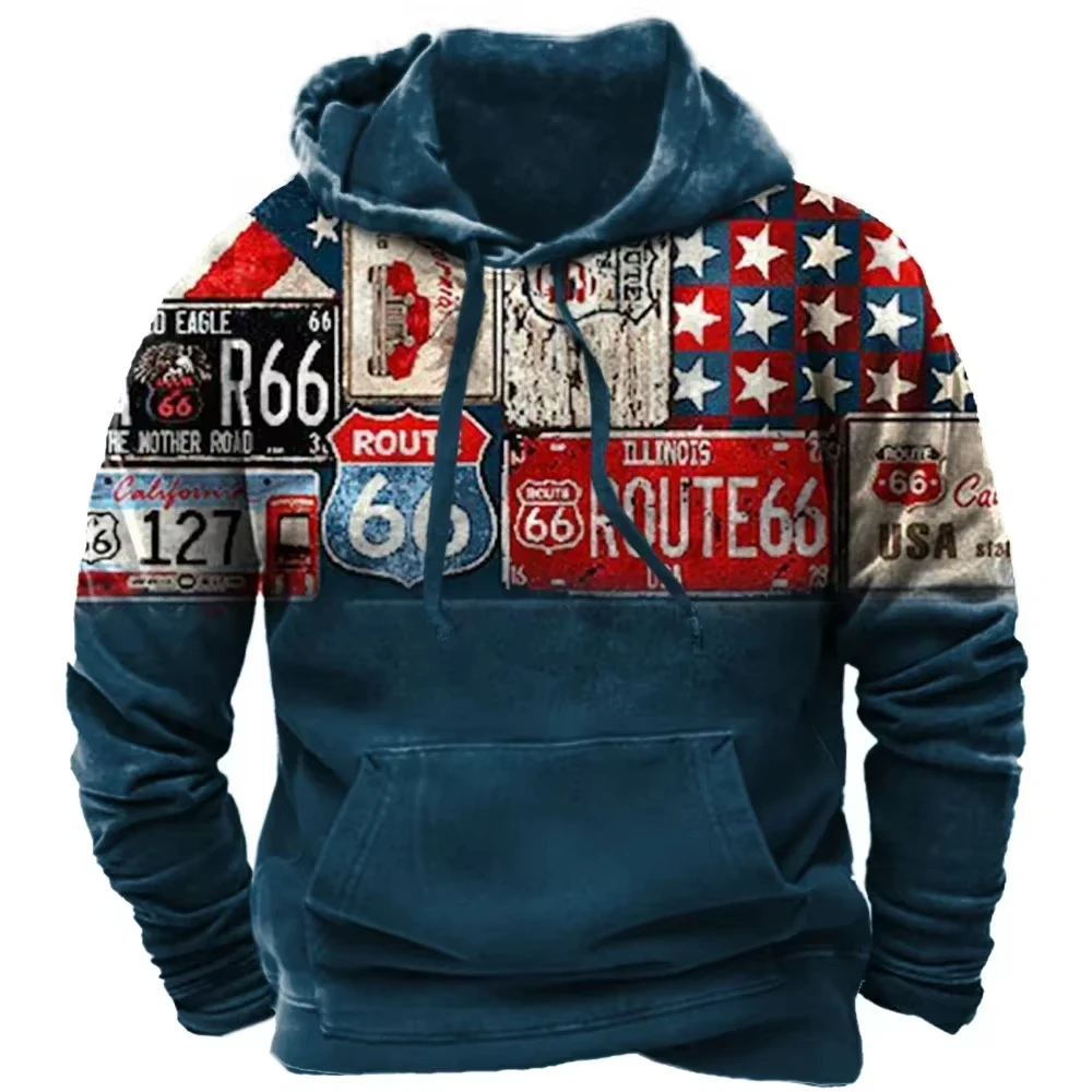 Hot Sale Autumn And Winter Man Clothes 3d Printed Men's Route 66 Printed Hoodie Men Loose Casual Fashion Retro Oversized Hoodie