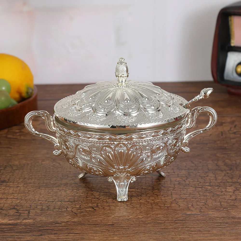 Europea Style Silver Peacock Pattern Sugar Bowl with LidSilver Alloy Spice Salt Cheese ContainerCoffeeBeanStorageJarKitchenDecor view 3