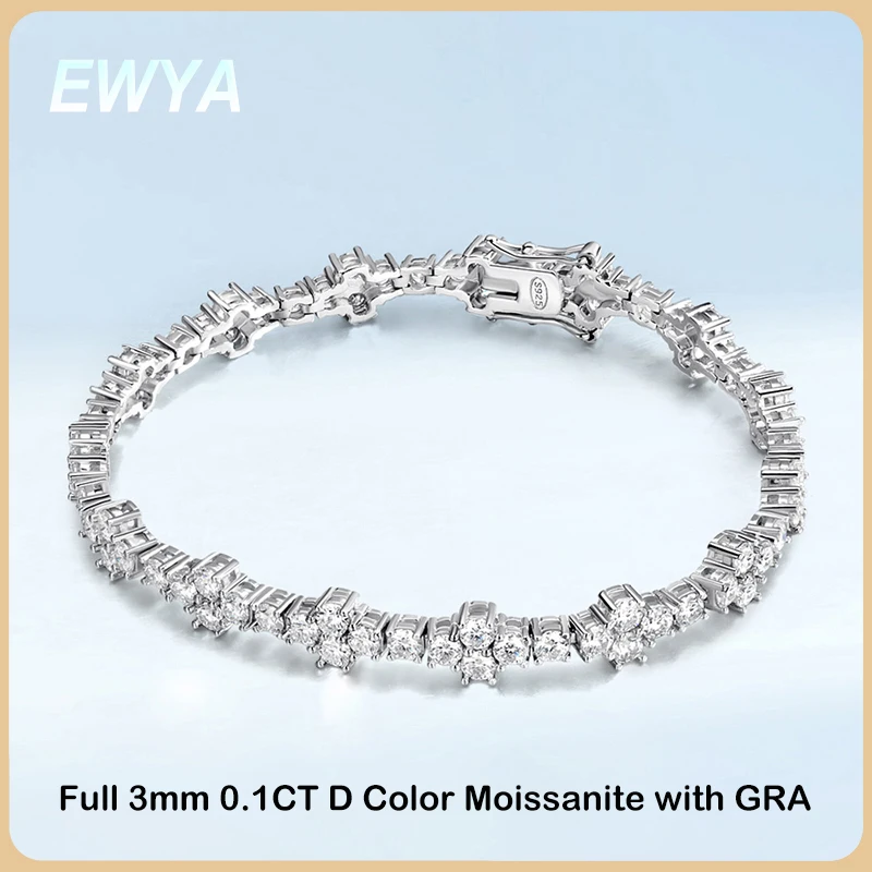 

EWYA Jesus Cross Full 3mm 0.1CT D Color Moissanite Tennis Bracelet for Women Men S925 Silver GRA Certified Hand Link Bracelets